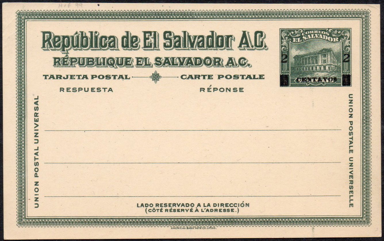 sellos timbres-poste Briefmarken stamps El Salvador 1921 2 centavos / 1 centavo Postal Stationery Card Ganzsache Entier Postal Tram Trolley Tranvia National Theatre teatro nacional 